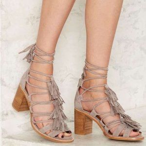 Olive Green Jeffrey Campbell Linares Suede Lace Up Tassel Sandal Heels